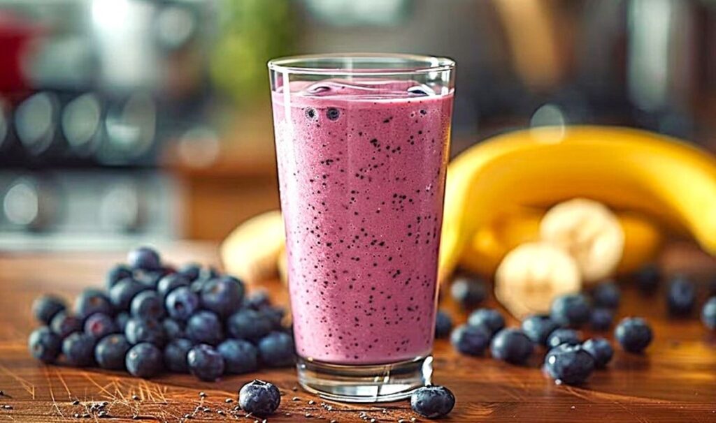 Batido de frutos rojos en un vaso de cristal